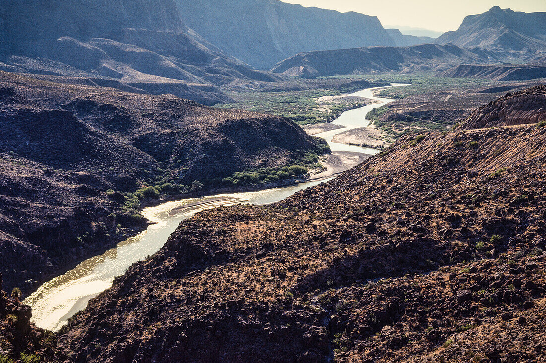 View from Texas FM Road 170 of the Rio Grande River as it flows through Colorado Canyon near Big Bend NP. Mexico is across the river.