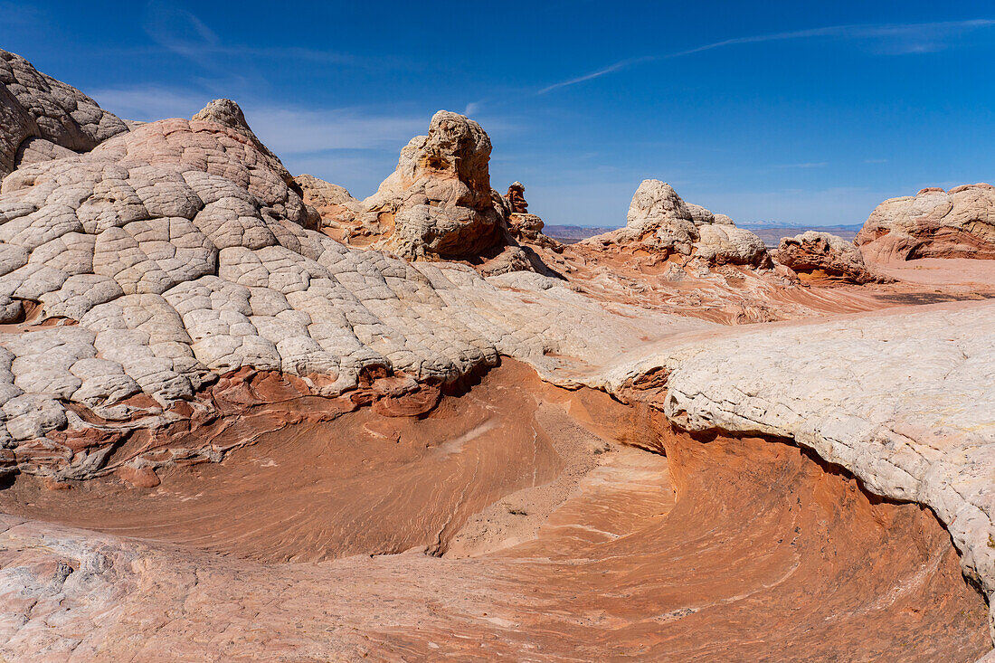Erodierter weißer Pillow Rock oder Brain Rock Sandstein in der White Pocket Recreation Area, Vermilion Cliffs National Monument, Arizona. Sowohl der rote als auch der weiße Sandstein sind Navajo-Sandstein, aber der rote hat mehr Eisenoxidanteil