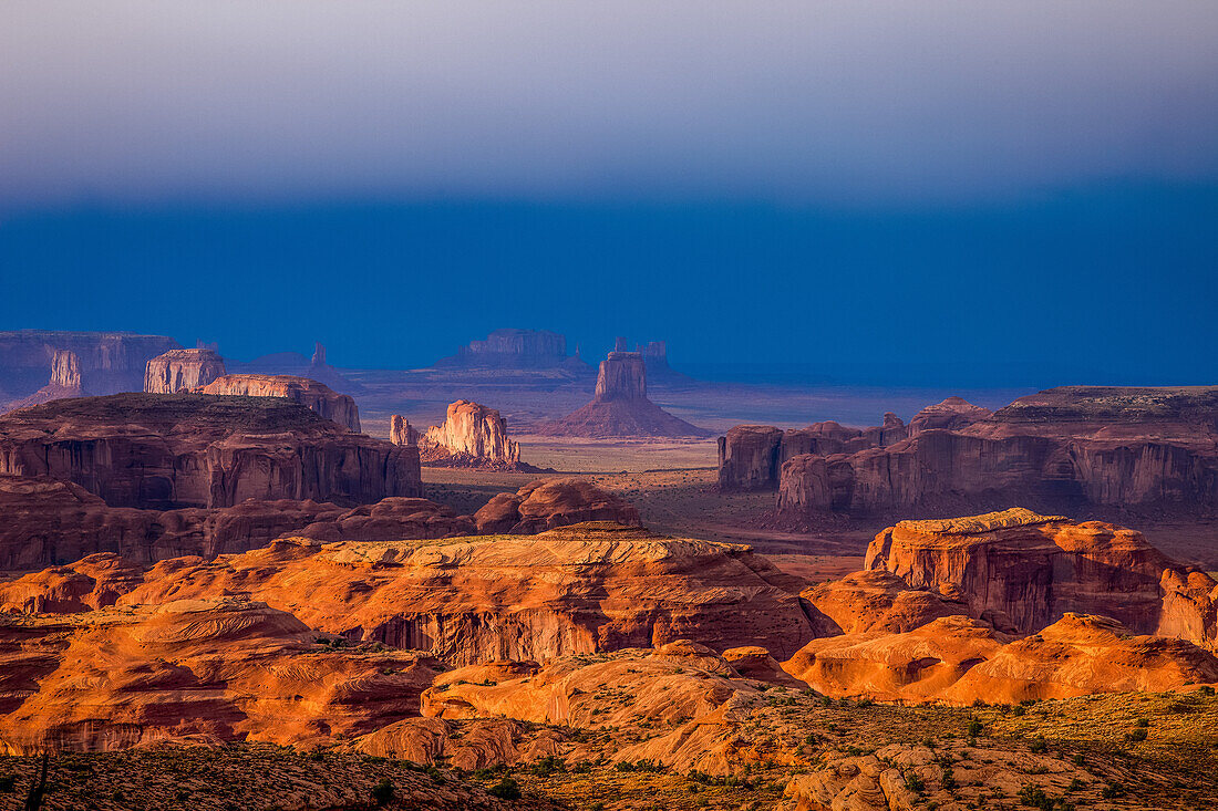 Last light on Monument Valley from Hunt's Mesa in the Monument Navajo Valley Tribal Park in Arizona.
