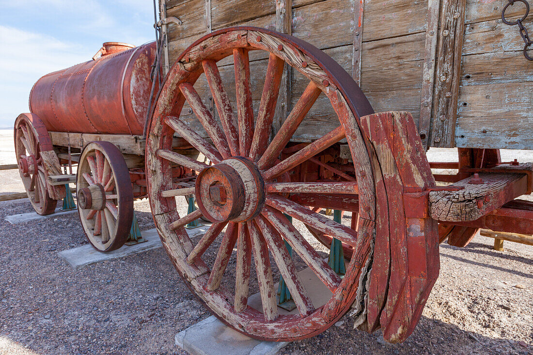 Detail of a wheel of an historic borax ore hauling wagon on display at Furnace Creek in Death Valley National Park in California.