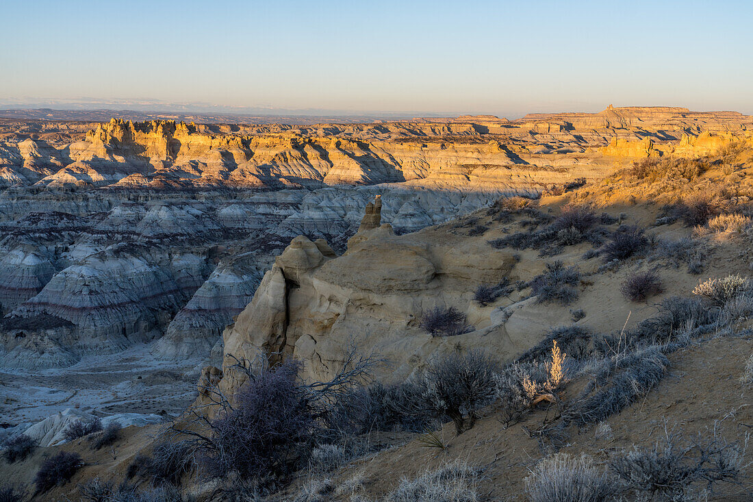 Angel Peak Scenic Area near Bloomfield, New Mexico. At left is the Castle with the Kutz Canyon badlands below. At right is Angel Peak.