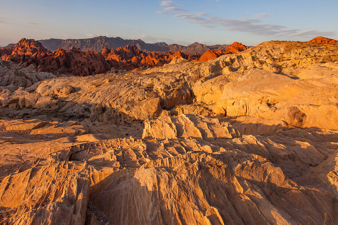 Roter und weißer Azteken-Sandstein im Fire Canyon bei Sonnenaufgang im Valley of Fire State Park in Nevada. Der weiße Sandstein wird Silica Dome genannt. Seine Sandkristalle sind fast reine Kieselsäure.