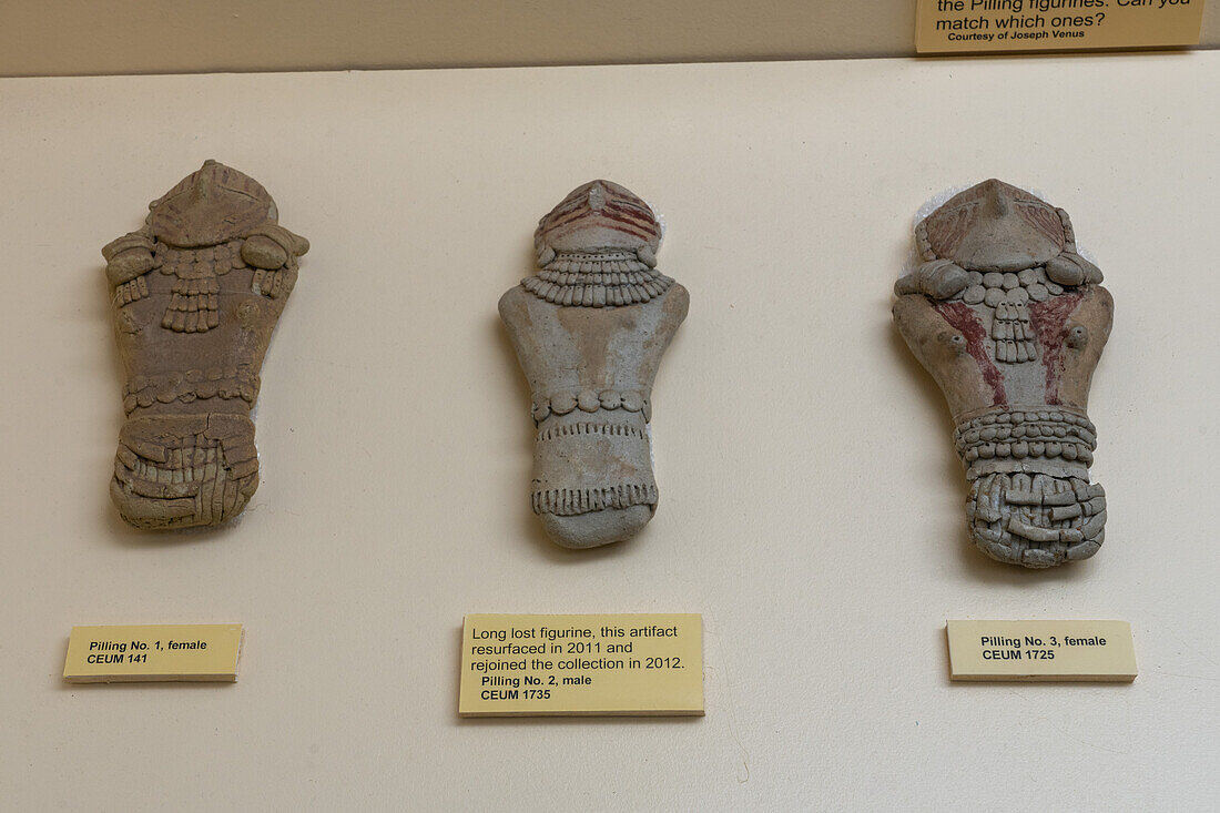Three of the Fremont culture Pilling Figurines in the USU Eastern Prehistoric Museum in Price, Utah.