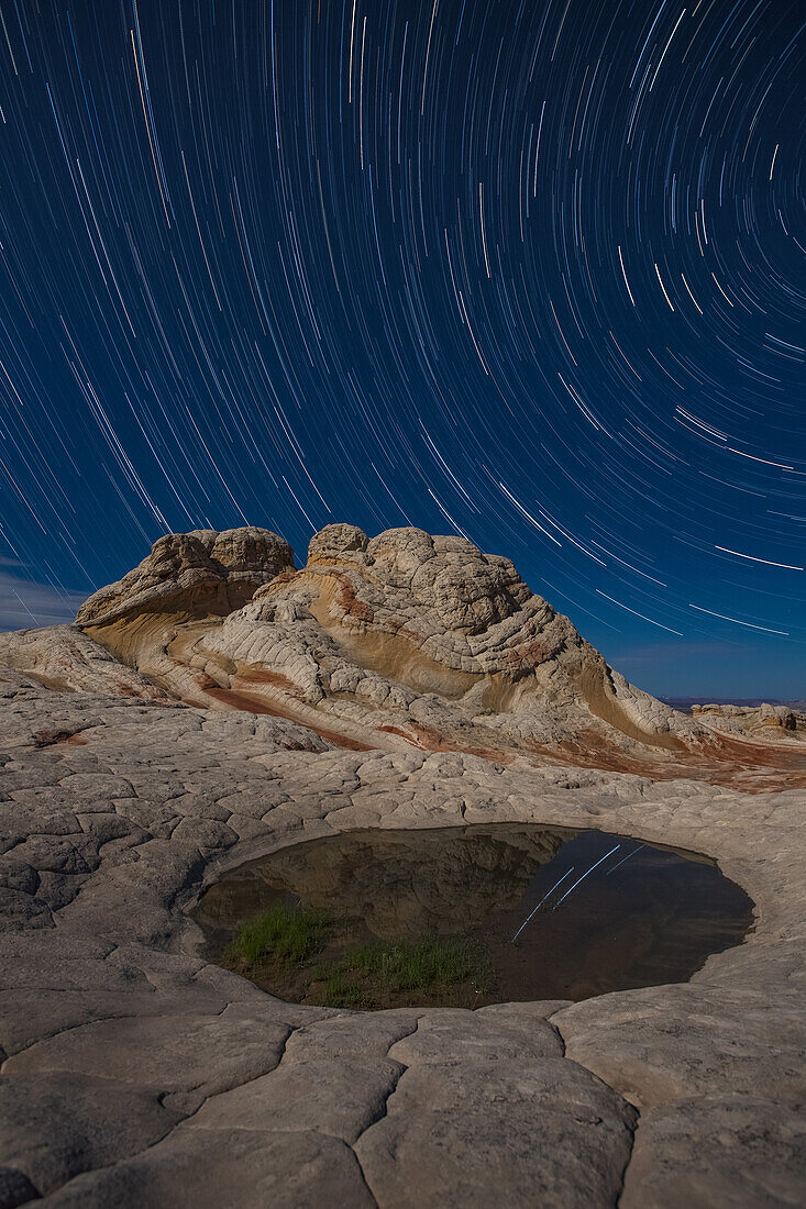 Sternenspuren über dem mondbeschienenen Sandstein in der White Pocket Recreation Area, Vermilion Cliffs National Monument, Arizona
