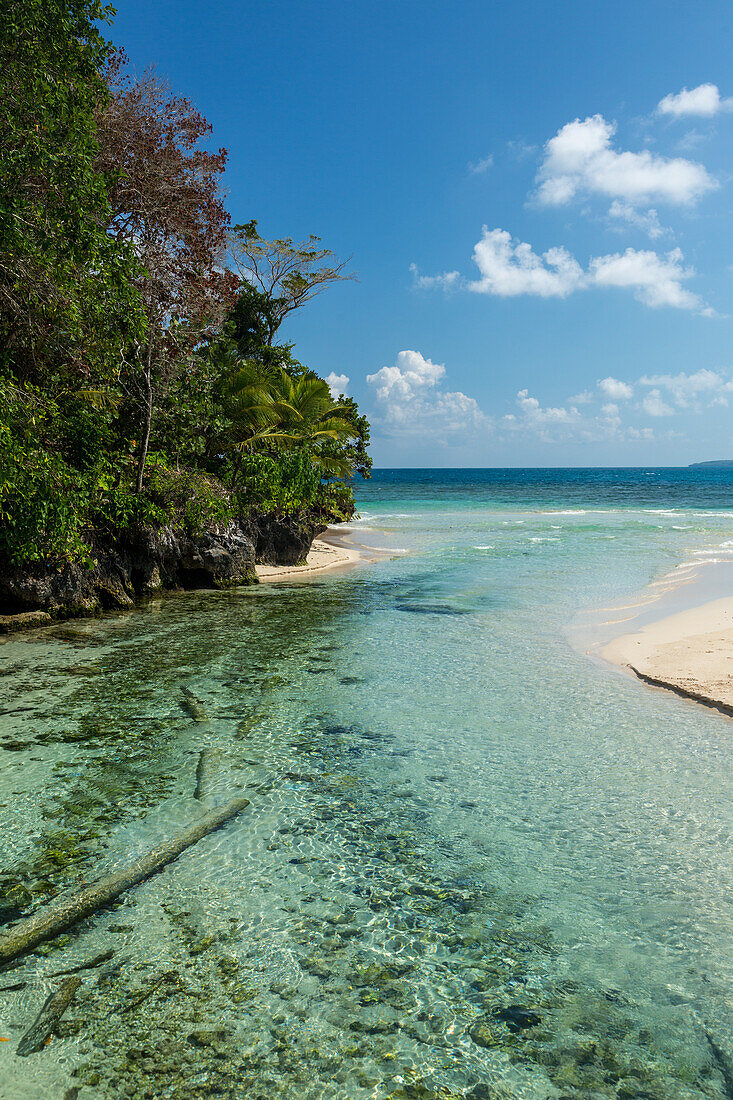Clear waters of Cano Frio flowing into Atlantic Ocean at Rincon Beach on the Samana Peninsula, Dominican Republic.