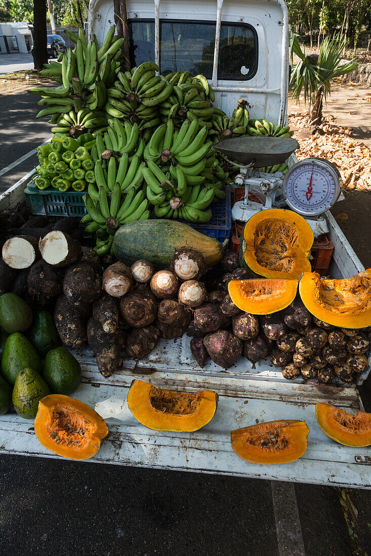 This truck is a mobile produce stand, parked by a busy street in Santo Domingo, Dominican Republic.