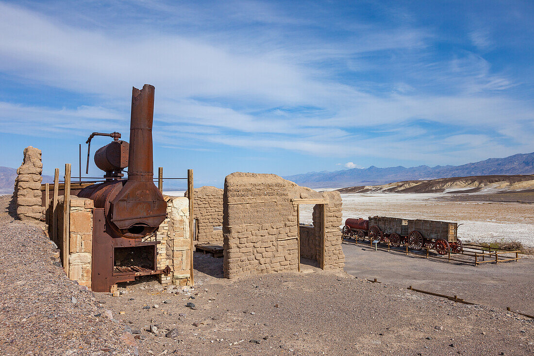 Ruins of the historic Harmony borax processing plant at Furnace Creek in Death Valley National Park in California.