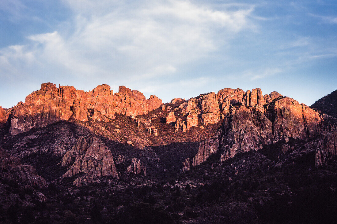 The Chisos Mountains at sunrise in Big Bend National Park in Texas.