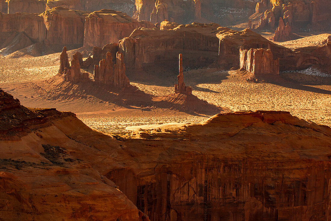 Aerial view of Totem Pole & Yei Bi Chei in the Monument Valley Navajo Tribal Park in Arizona. Taken from a hot air balloon.