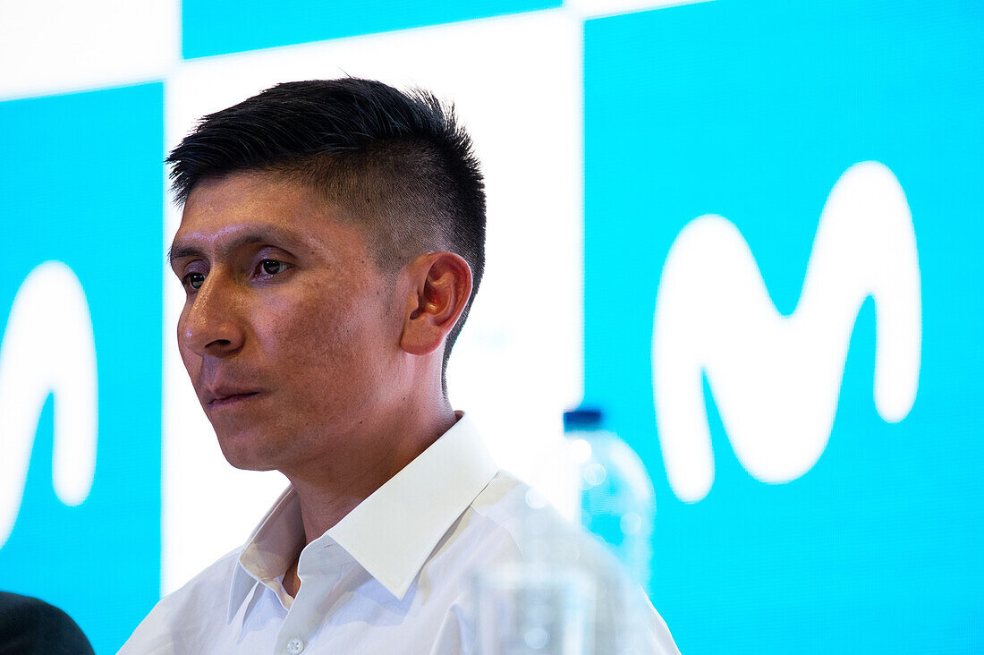 Colombian cyclist Nairo Quintana during a press conference announcing it's return to the Movistar Cycling team, in Bogota, Colombia on october 30, 2023.