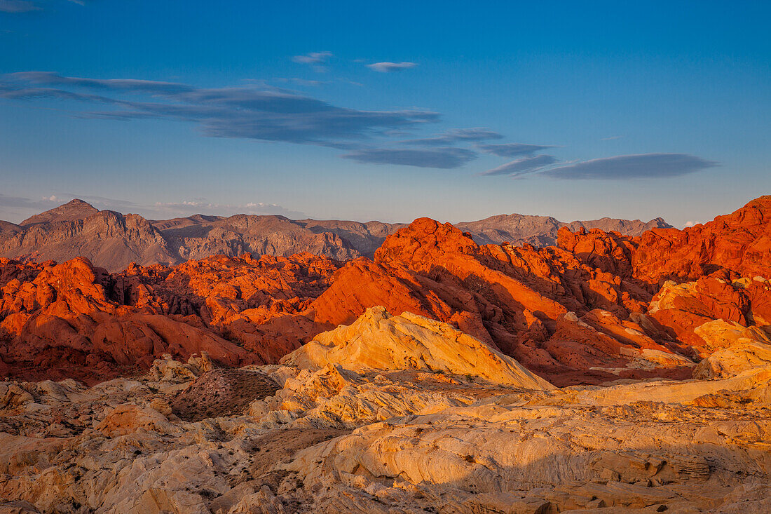 Red and white Aztec sandstone in Fire Canyon at sunrise in Valley of Fire State Park in Nevada. The white sandstone is called the Silica Dome. Its sand crystals are almost pure silica.