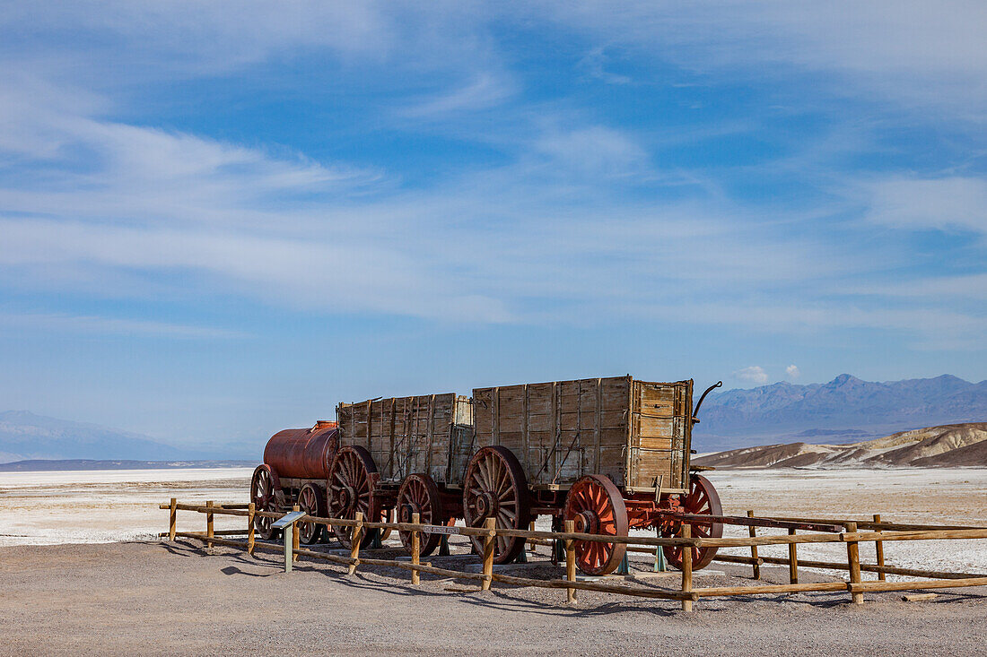 Historic 20-mule team borax ore hauling wagon on display at Furnace Creek in Death Valley National Park in California.