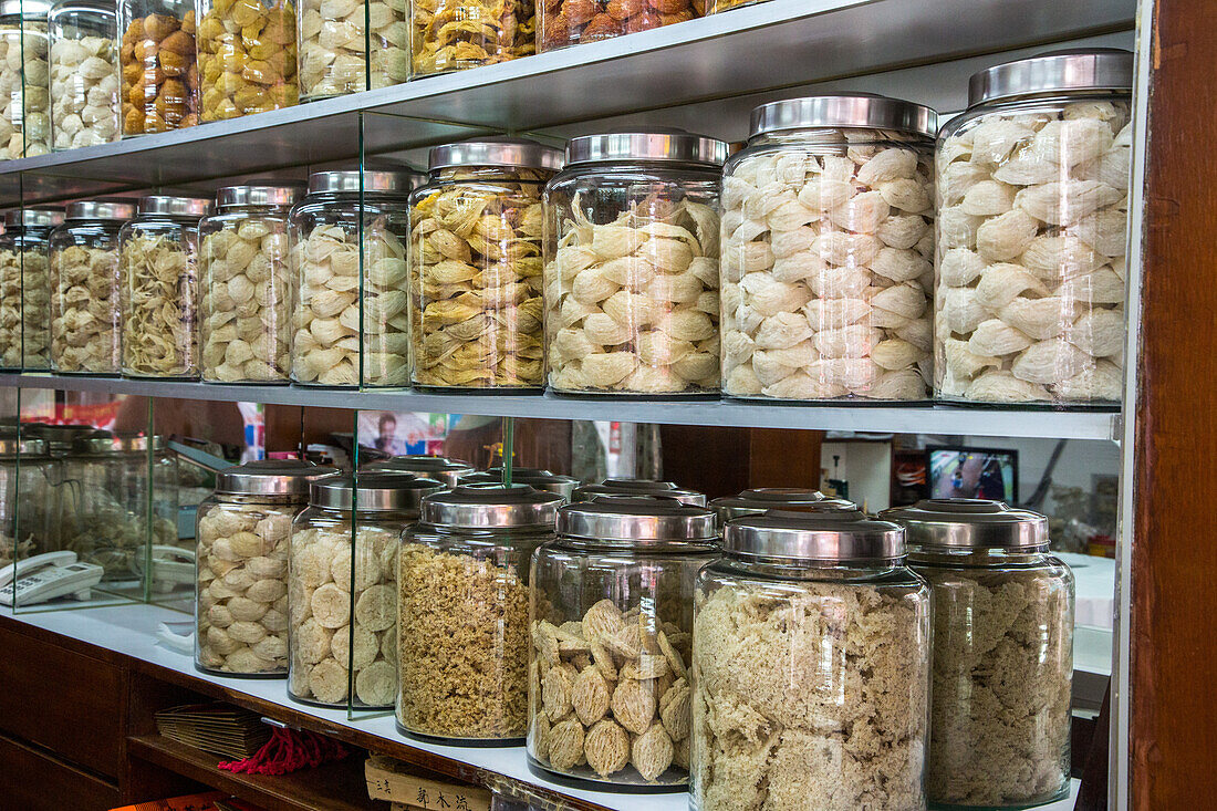 Jars of bird nests to make bird nest soup for sale in a shop in Hong Kong, China.