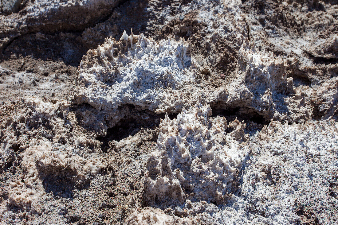 Jagged blocks of halite crystals in the Devil's Golf Course in the Mojave Desert in Death Valley National Park, California.