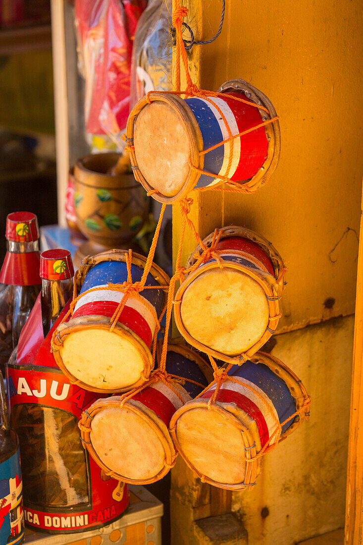 Miniature Dominican chupa tambora drums for sale in the Mercado Modelo in Santo Domingo, Dominican Republic.