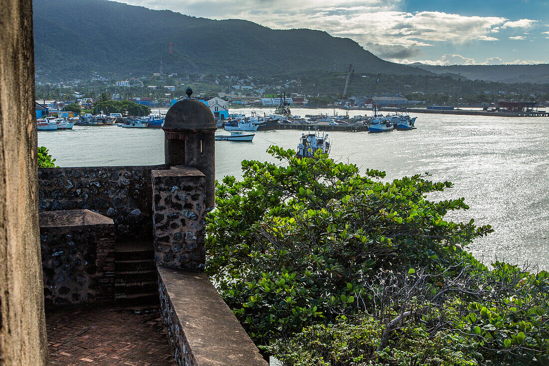 A Spanish guerite or sentry box at Fortaleza San Felipe, now a museum at Puerto Plata, Dominican Republic, overlooking the harbor.