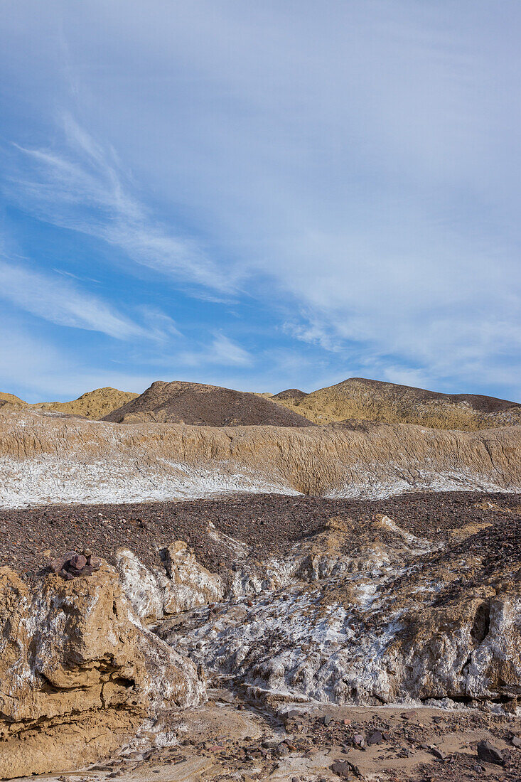 Mineral salt formations on the surface of the ground at Furnace Creek in Death Valley National Park in California.