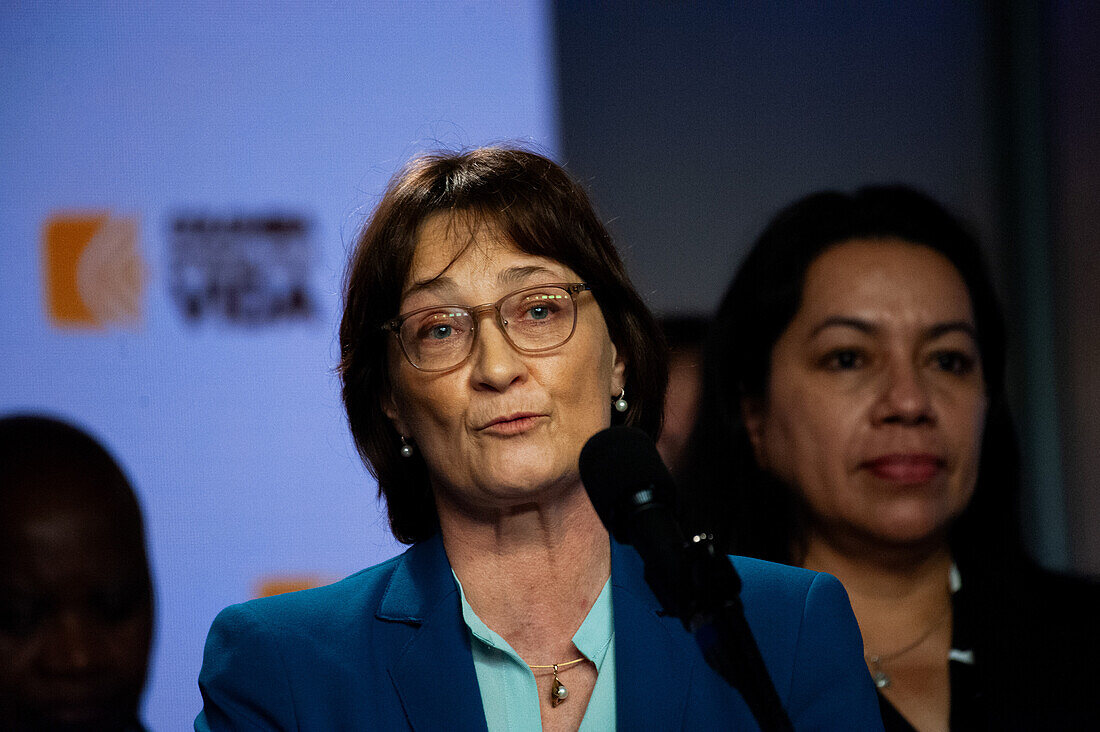 Pascale Baeriswyl, Permanent Representative of Switzerland to the United Nations Security Council speaks during a press conference, after a meeting with Colombian President Gustavo Petro regarding the advancements made on Colombia's 2016 peace process and the new ongoing process, in Bogota, Colombia February 8, 2024.