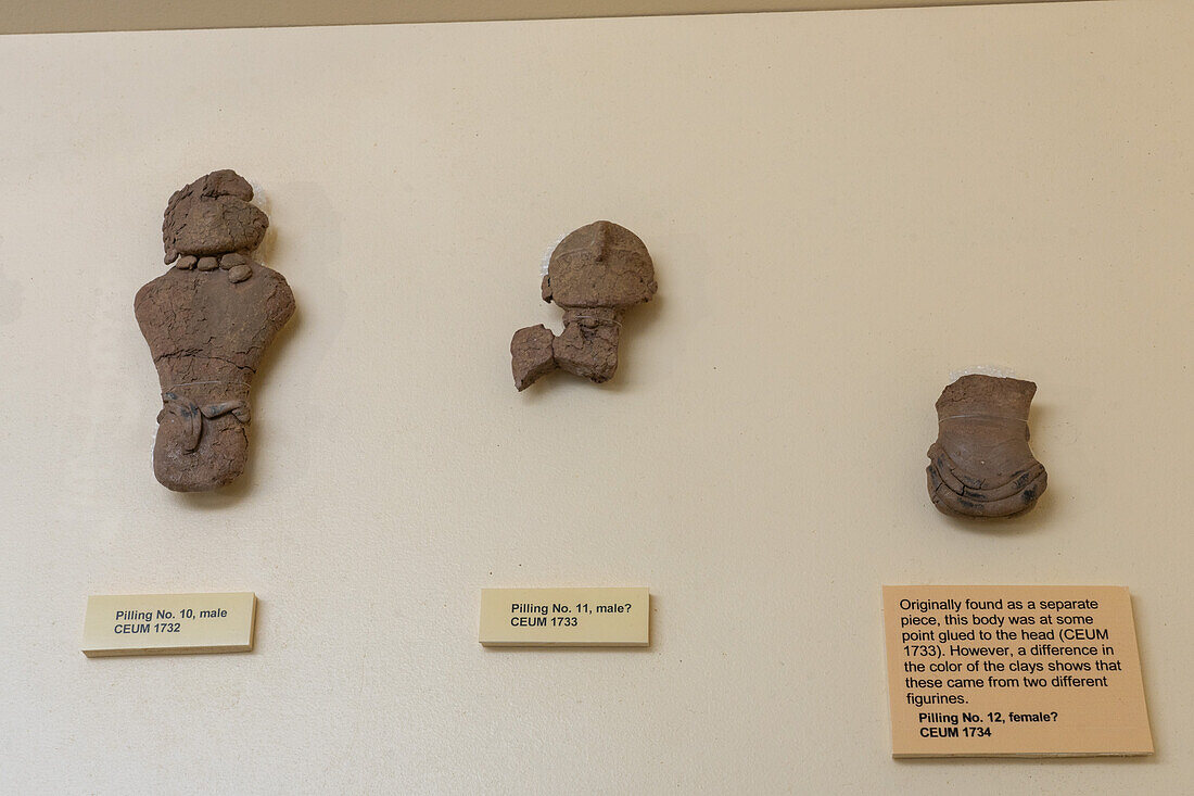 Three of the Fremont culture Pilling Figurines in the USU Eastern Prehistoric Museum in Price, Utah.