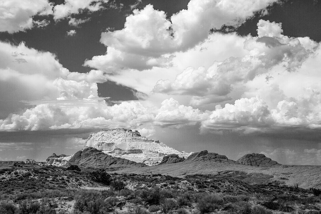 Ein Regensturm in der Ferne hinter der White Pocket Recreation Area im Vermilion Cliffs National Monument, Arizona