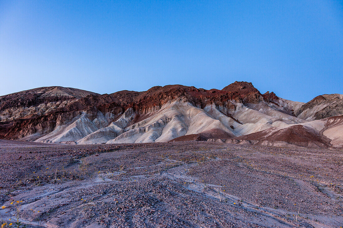 Colorful Furnace Creek Formations near the mouth of Golden Canyon in Death Valley National Park in the Mojave Desert, California.