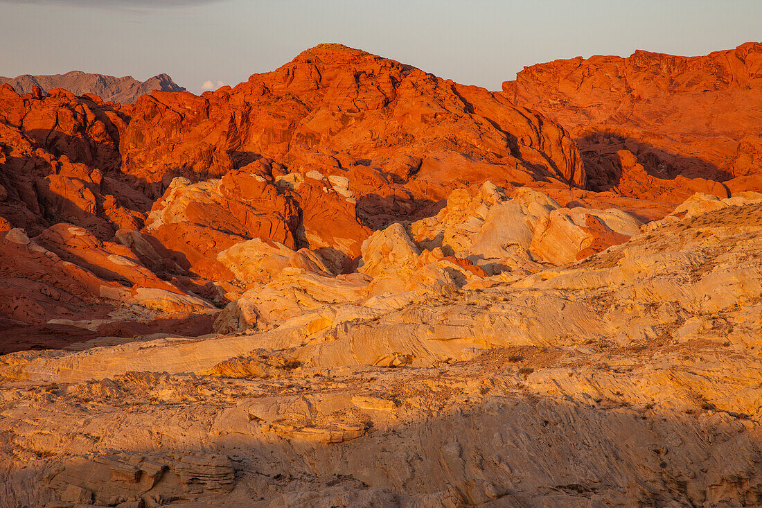 Red and white Aztec sandstone in Fire Canyon at sunrise in Valley of Fire State Park in Nevada. The white sandstone is called the Silica Dome. Its sand crystals are almost pure silica.