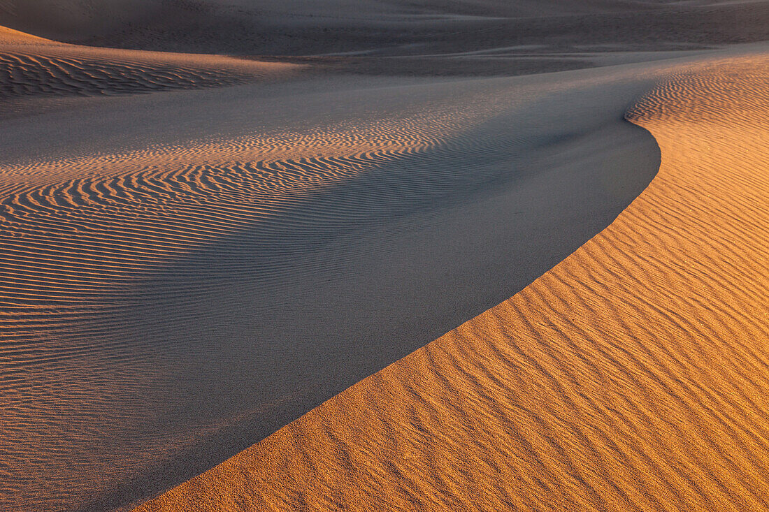 Curving crest of a dune in the Mesquite Flat Sand Dunes in the Mojave Desert in Death Valley National Park, California.