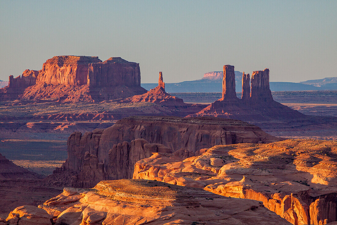 Telephoto view of the Utah monuments in Monument Valley from Hunt's Mesa in the Monument Valley Navajo Tribal Park in Arizona.