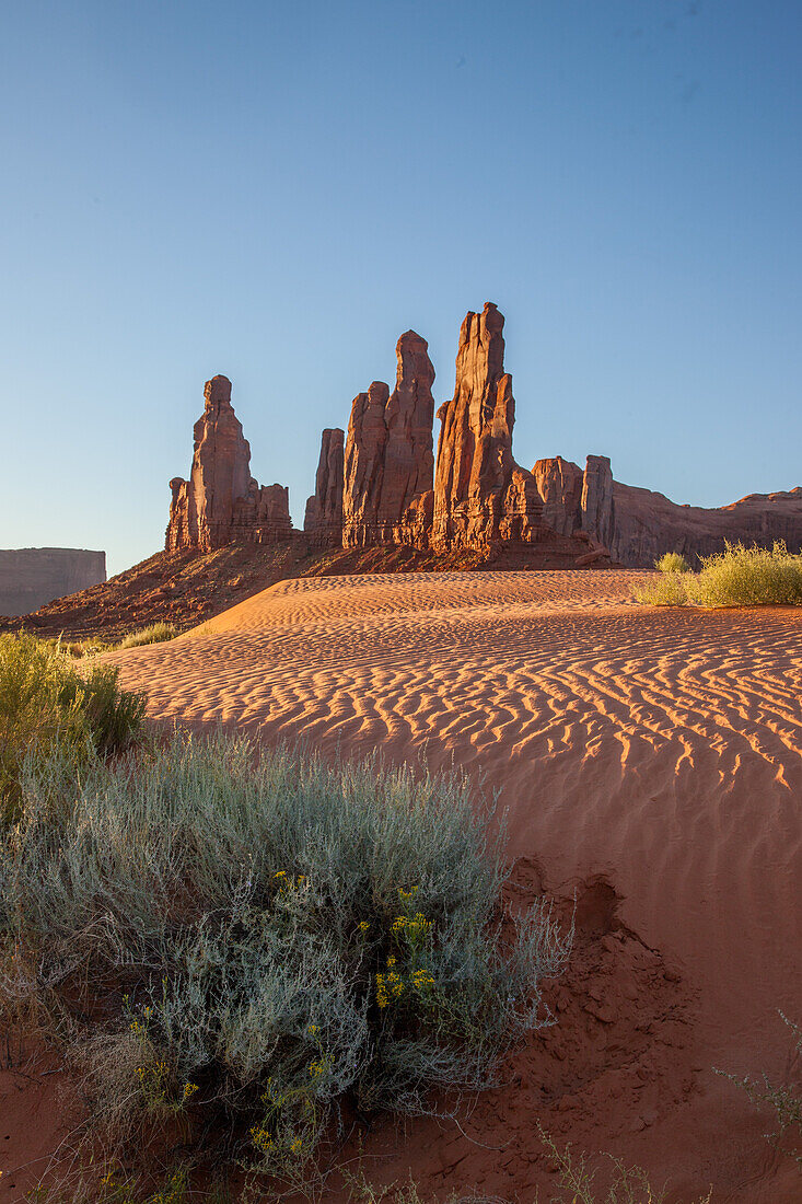 The Totem Pole & Yei Bi Chei with rippled sand in the Monument Valley Navajo Tribal Park in Arizona.