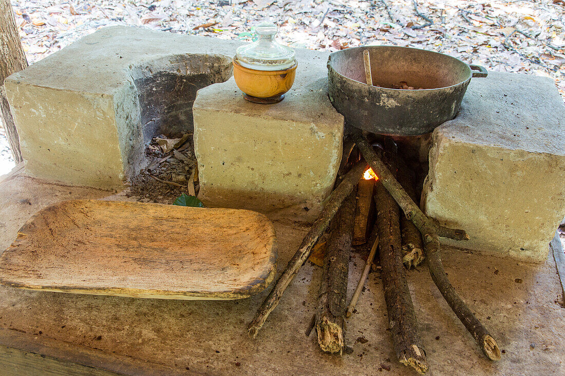 A traditional wood stove & a hand-carved wooden tray on a demonstration on a cacao plantation tour. Dominican Republic.