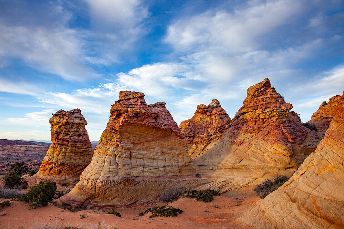 Spätnachmittagslicht auf erodierten Navajo-Sandsteinformationen in South Coyote Buttes, Vermilion Cliffs National Monument, Arizona