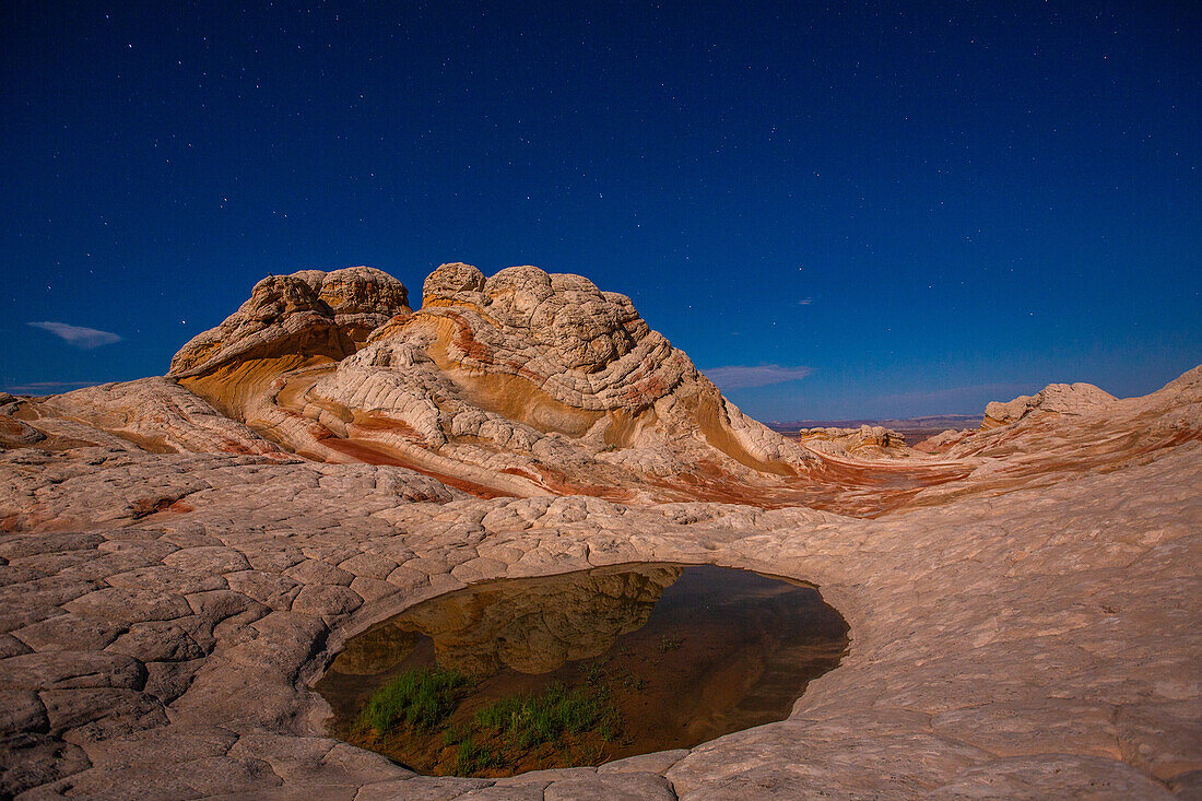 Stars over the colorful moonlit sandstone in the White Pocket Recreation Area, Vermilion Cliffs National Monument, Arizona.