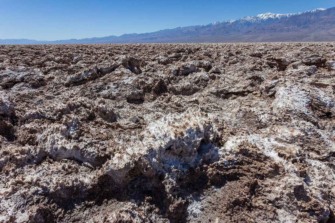 Jagged blocks of halite crystals in the Devil's Golf Course in the Mojave Desert in Death Valley National Park, California. The snow-capped Panamint Mountains in the distance.