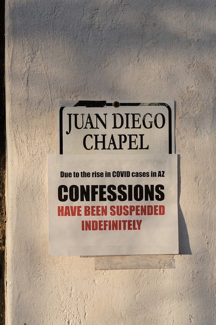 A Covid-19 message at the Mission San Xavier del Bac, Tucson Arizona.