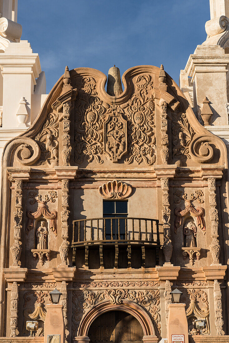 Detail of the facade and wooden balcony of the Mission San Xavier del Bac, Tucson Arizona.