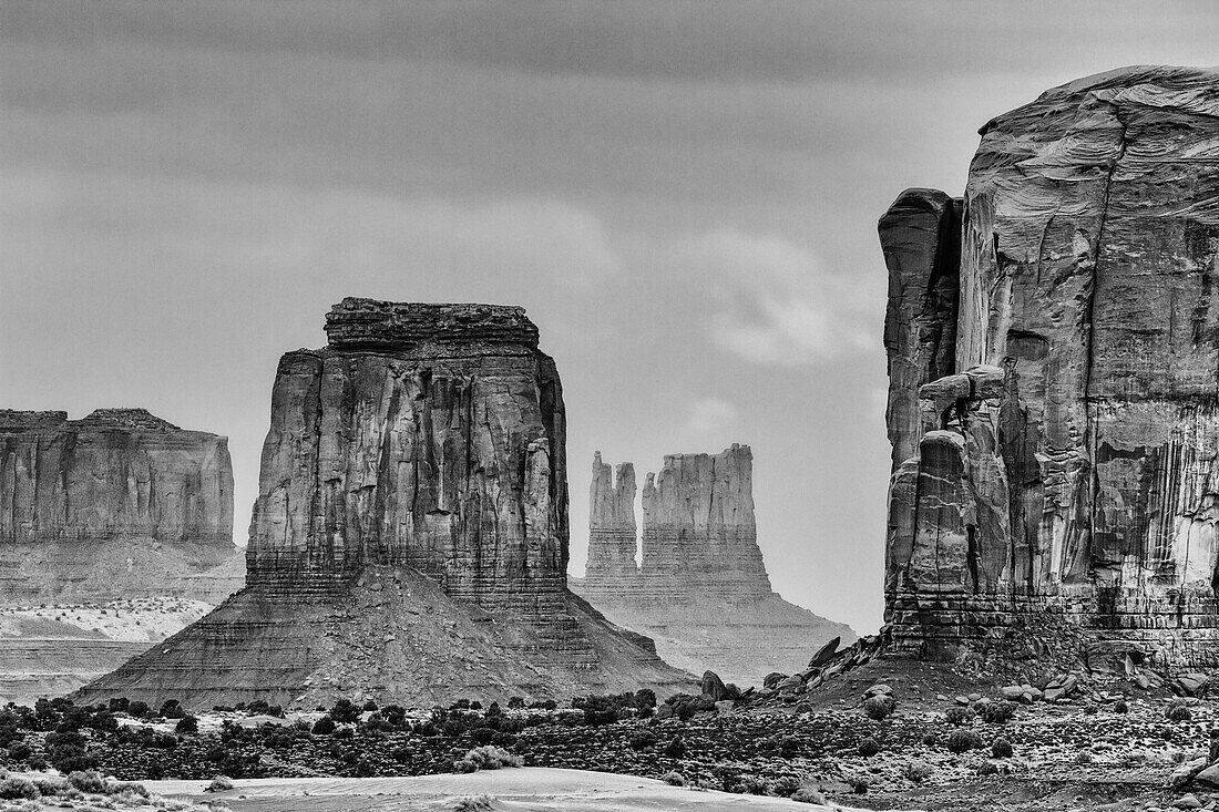 View of the monuments from the Sand Spring area in the Monument Valley Navajo Tribal Park in Arizona.