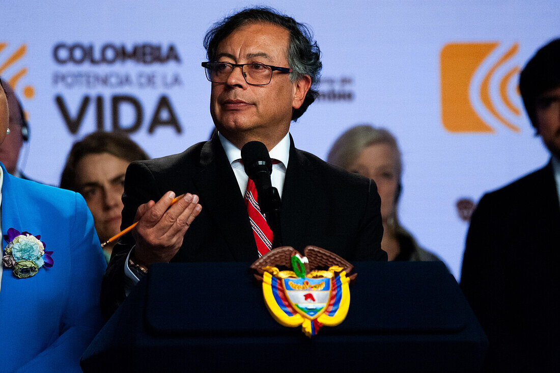 Colombian president Gustavo Petro speaks during a press conference, after a meeting with the United Nations Security Council regarding the advancements made on Colombia's 2016 peace process and the new ongoing process, in Bogota, Colombia February 8, 2024.