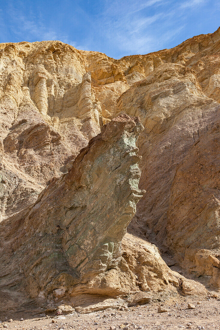 Colorful Furnace Creek Formation in Golden Canyon in Death Valley National Park in the Mojave Desert, California.