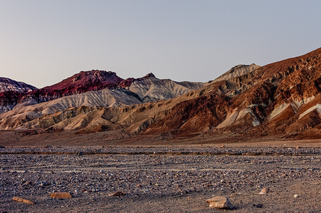 Colorful Furnace Creek Formations near the mouth of Golden Canyon in Death Valley National Park in the Mojave Desert, California.