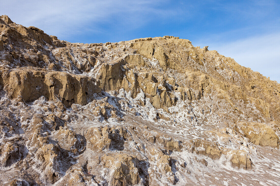 Mineral salt formations on the surface of the ground at Furnace Creek in Death Valley National Park in California.