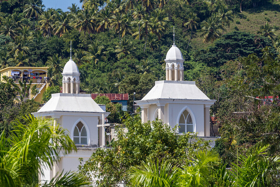 Bell towers of the Santa Barbara Parish church, a Roman Catholic church in Samana, Dominican Republic.