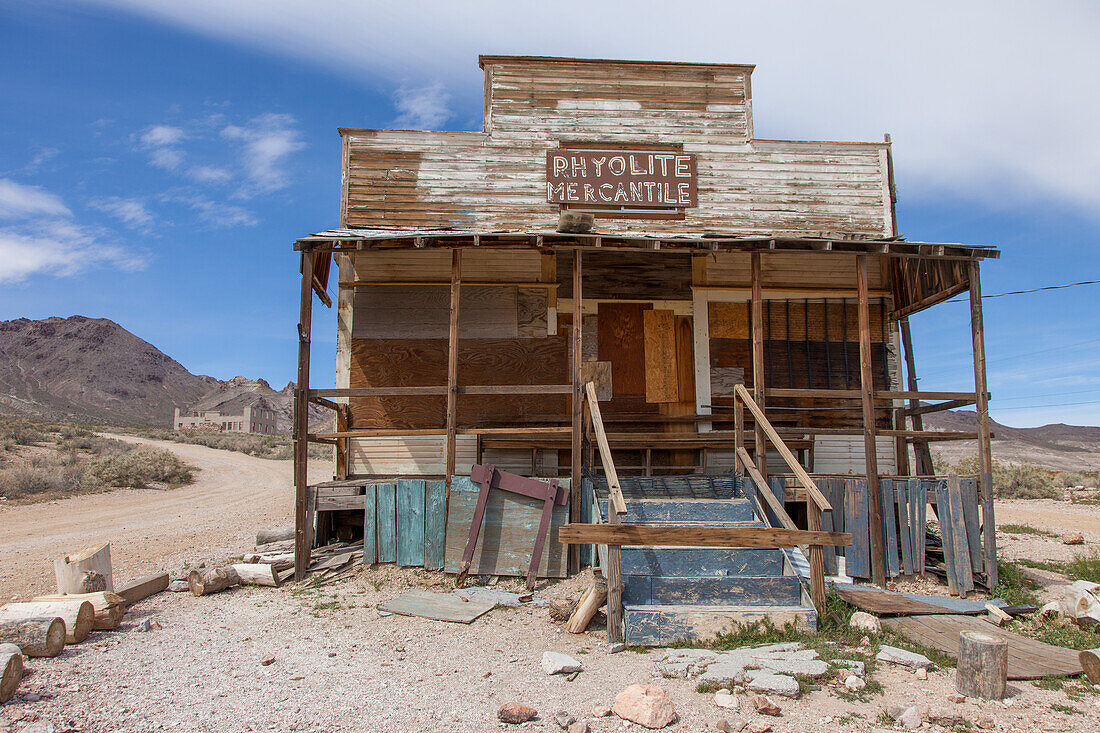 The derelict Rhyolite Mercantile building in the ghost town of Rhyolite, Nevada.