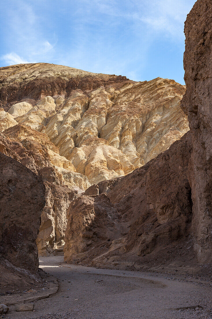 Colorful Furnace Creek Formation in Golden Canyon in Death Valley National Park in the Mojave Desert, California.
