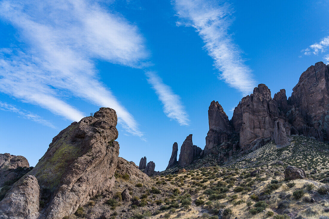 The Green Boulder and rock pillars in the Lost Dutchman State Park, Apache Junction, Arizona.