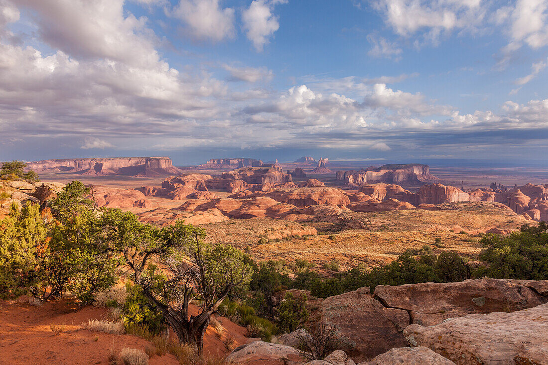 Morning view of the monuments in the Monument Navajo Valley Tribal Park in Arizona. Viewed from Hunt's Mesa.