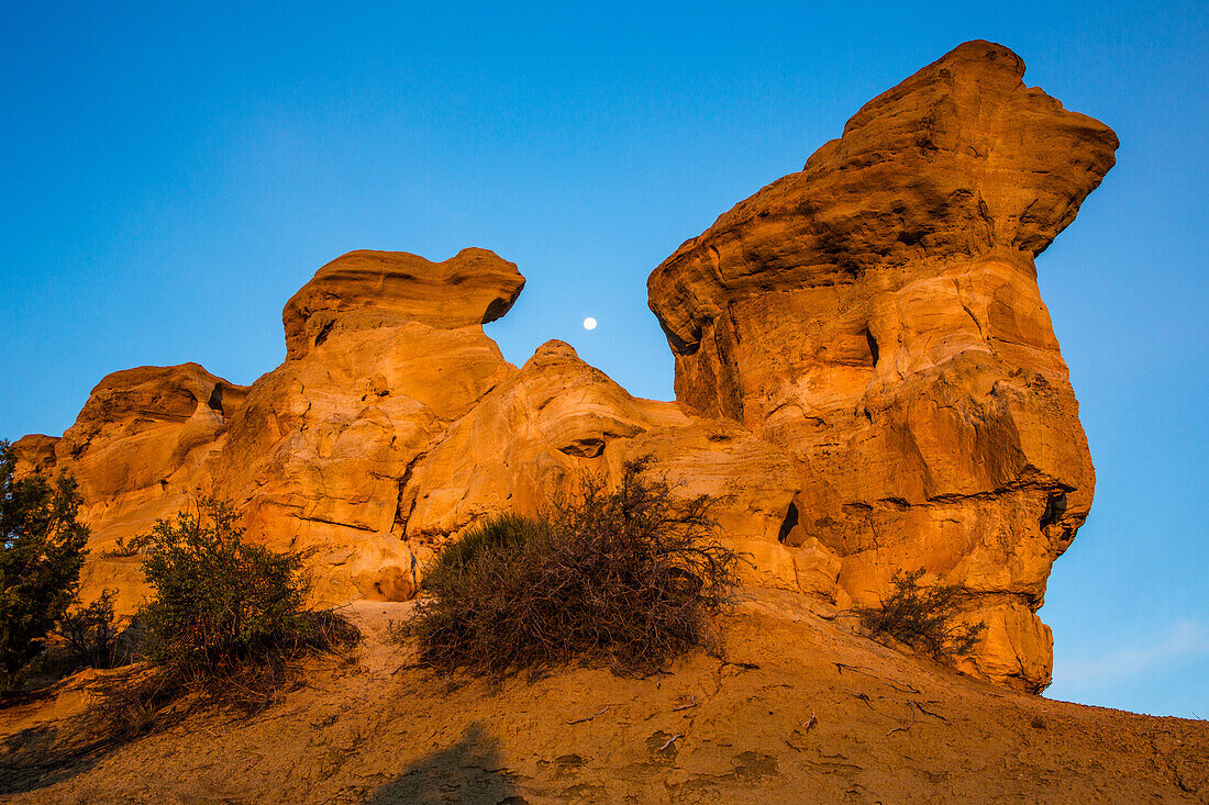 Aufgehender Mond über einer Sandsteinformation bei Sonnenuntergang in der Wüste des San Juan Basin in New Mexico