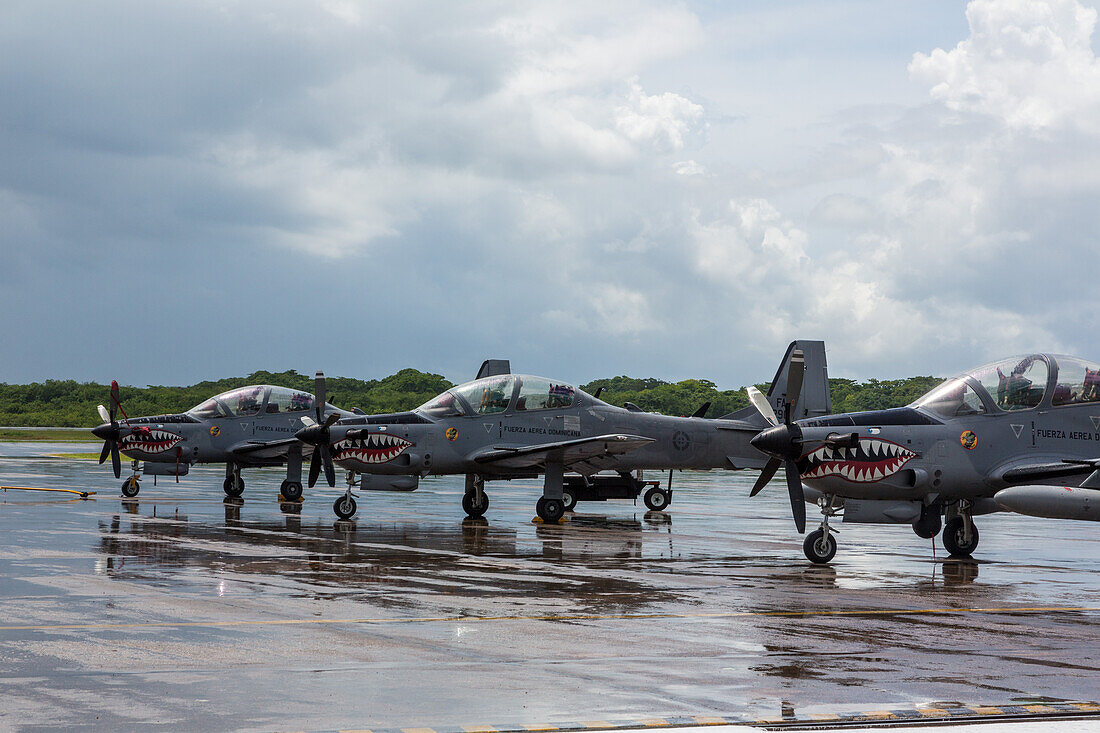 Dominican Air Force Embraer EMB 314 Super Tucano fighter aircraft at the San Isidro Air Base in the Dominican Republic.