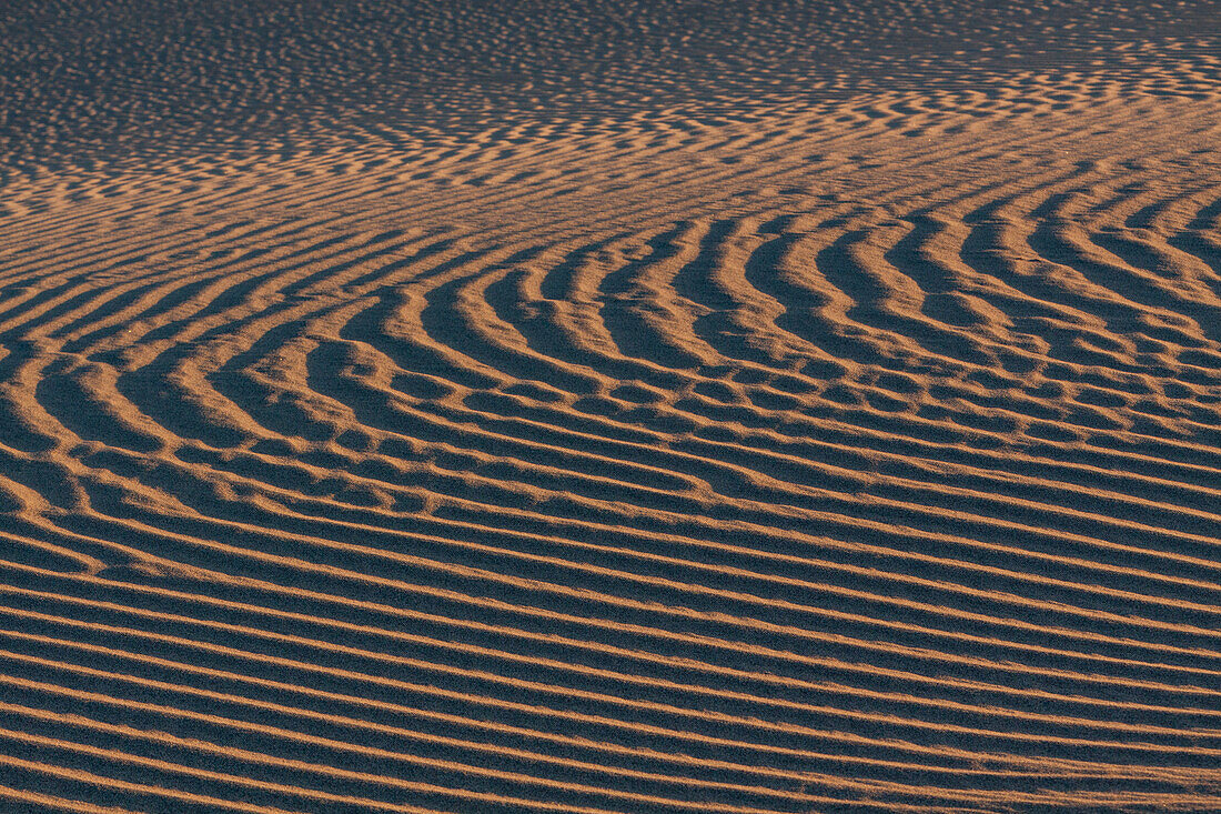 Wellenmuster in den Sanddünen von Mesquite Flat in der Nähe von Stovepipe Wells in der Mojave-Wüste im Death Valley National Park, Kalifornien