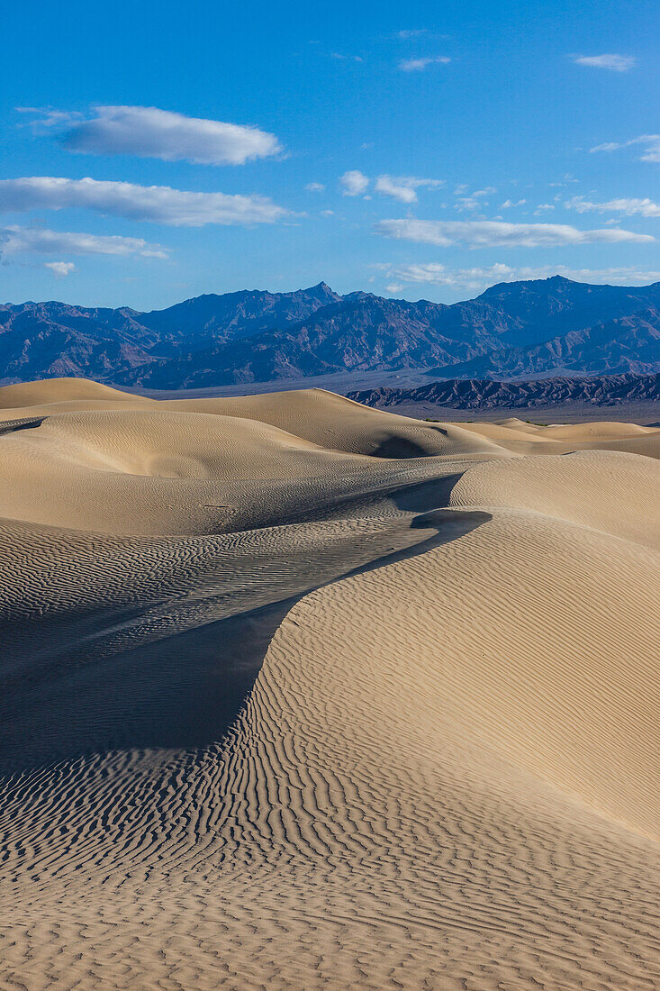 Wellen in den Mesquite Flat Sanddünen im Death Valley National Park in der Mojave-Wüste, Kalifornien. Dahinter die Black Mountains