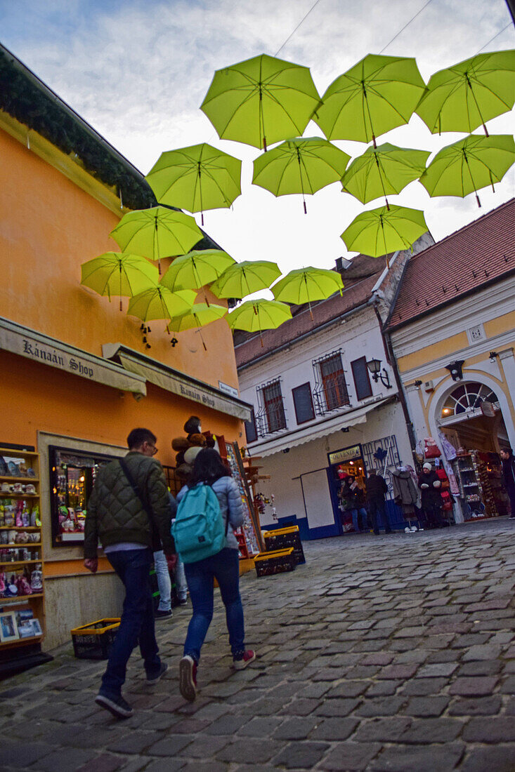 Umbrellas decorate the streets of Szentendre, a riverside town in Pest County, Hungary,